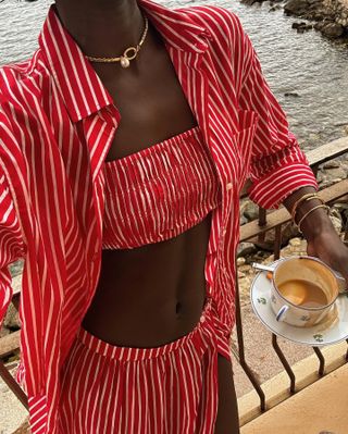 Amy Lefevre in red striped J.Crew set.