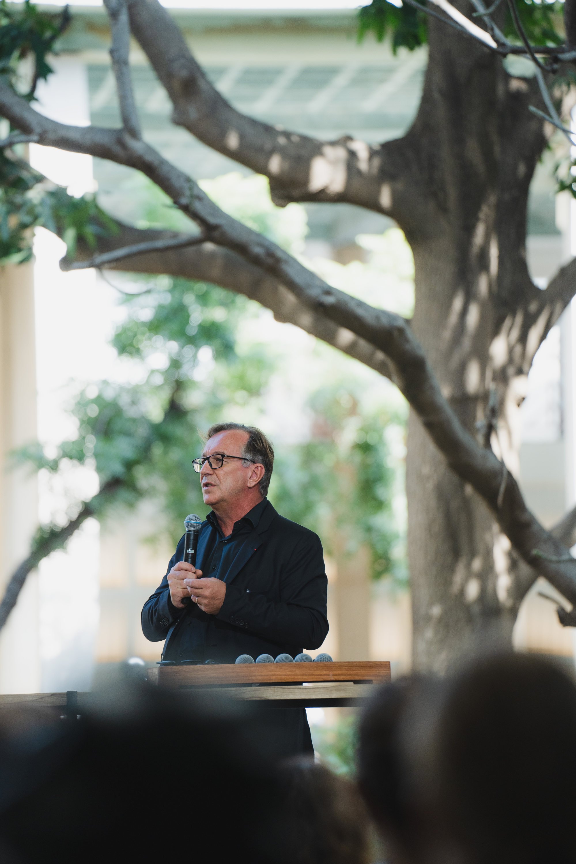 Chanel’s president of fashion, Bruno Pavlovsky, at a talk in Dakar, Senegal, in December 2022, the day after the brand’s Métiers d’Art show. Photo: Handout