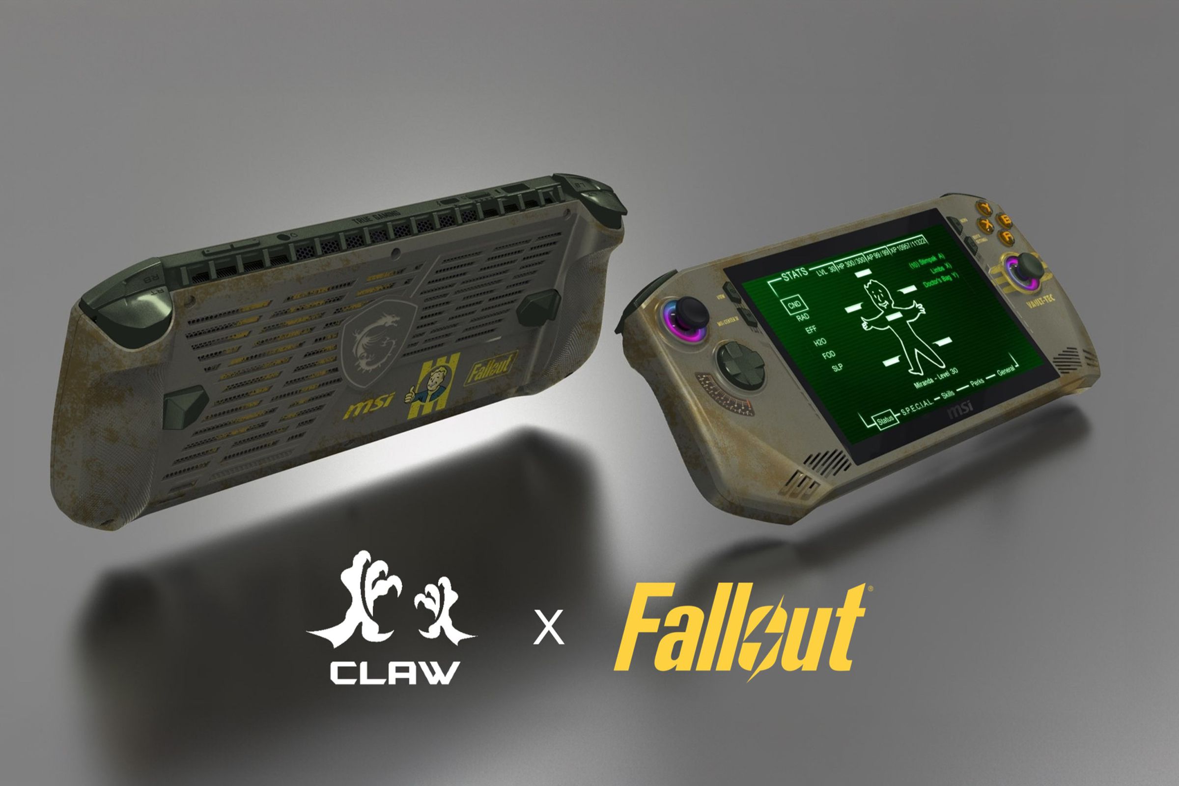 This is not the MSI Claw 8 AI Plus, but rather a Fallout edition of the original. (I used generative expand around the edge because the image was cropping poorly.)