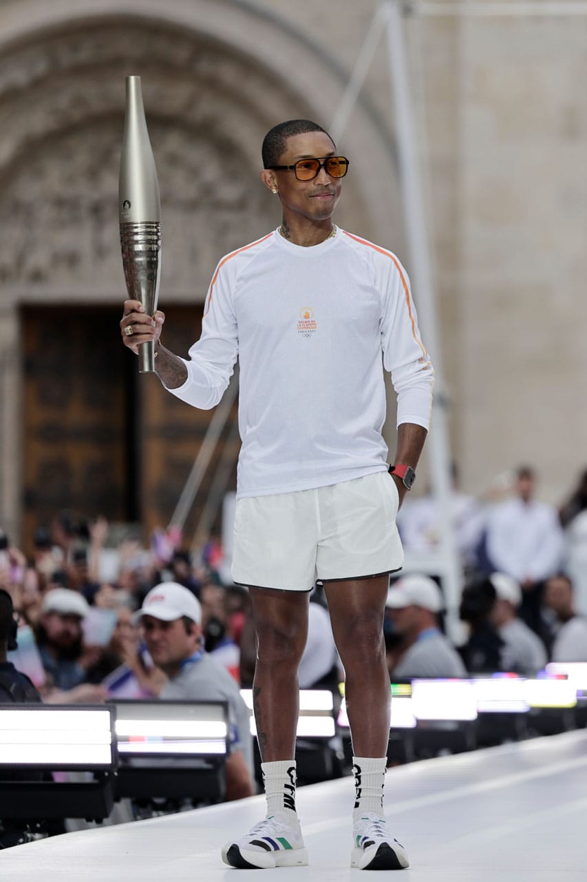 Pharrell Joins the Final Stretch of Olympic Opening Ceremony carry torch snoop dogg games paris france link stream watch adidas sneaker debut new shoe footwear adizero silhouette
