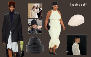 A collage with the words "hats off" on it that showcases runway, product, and Instagram images of chic hats for fall 2024.