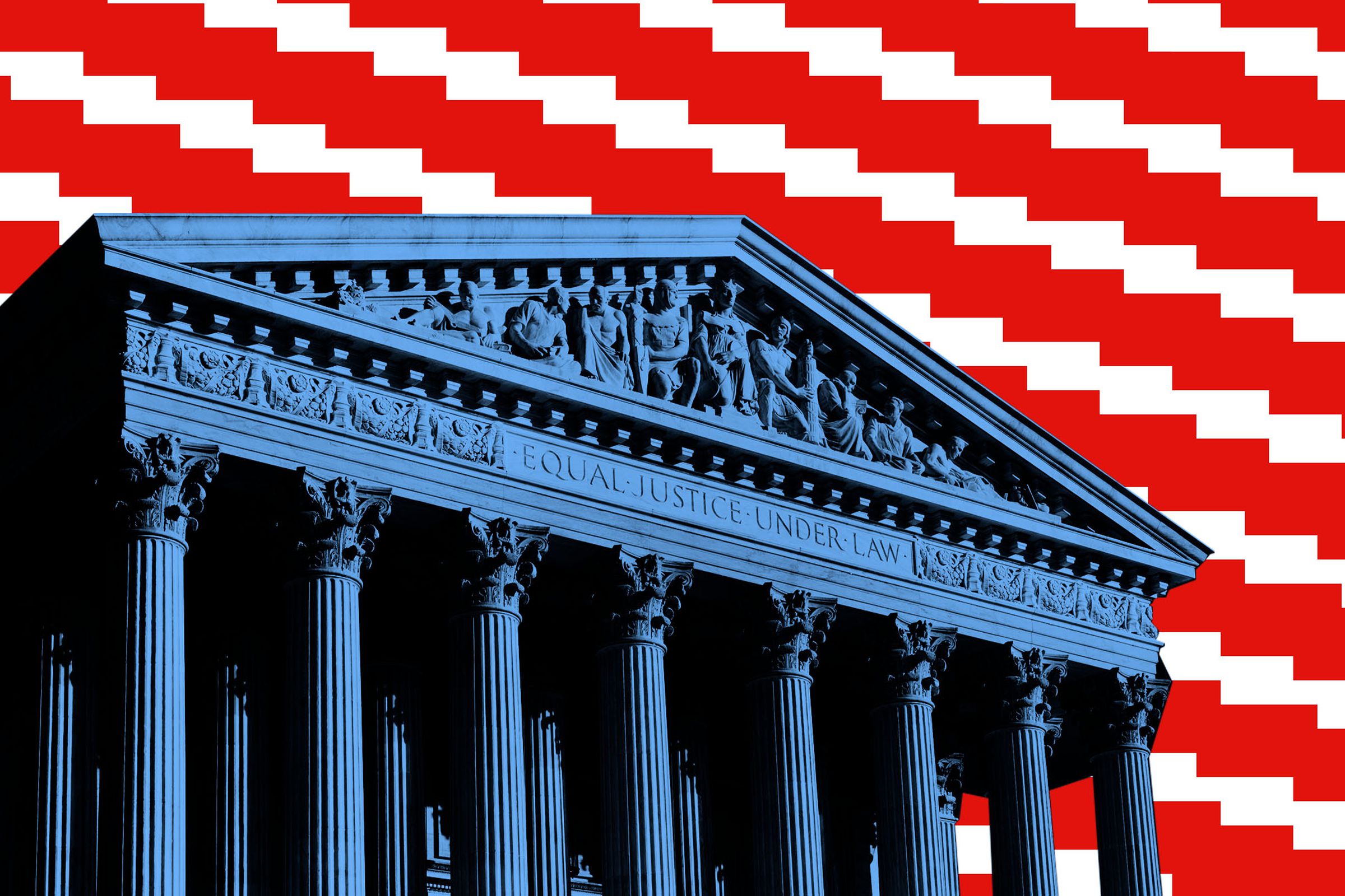 Photo illustration of the Supreme Court building with pixelated red and white stripes.