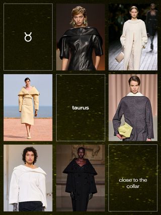 a collage showing the best fall trend for the zodiac sign Taurus with the oversized collar trend shown on the runway of Bottega Veneta, Chanel, Philosophy di Lorenzo Serafini, Erdem, Carven, and Jacquemus