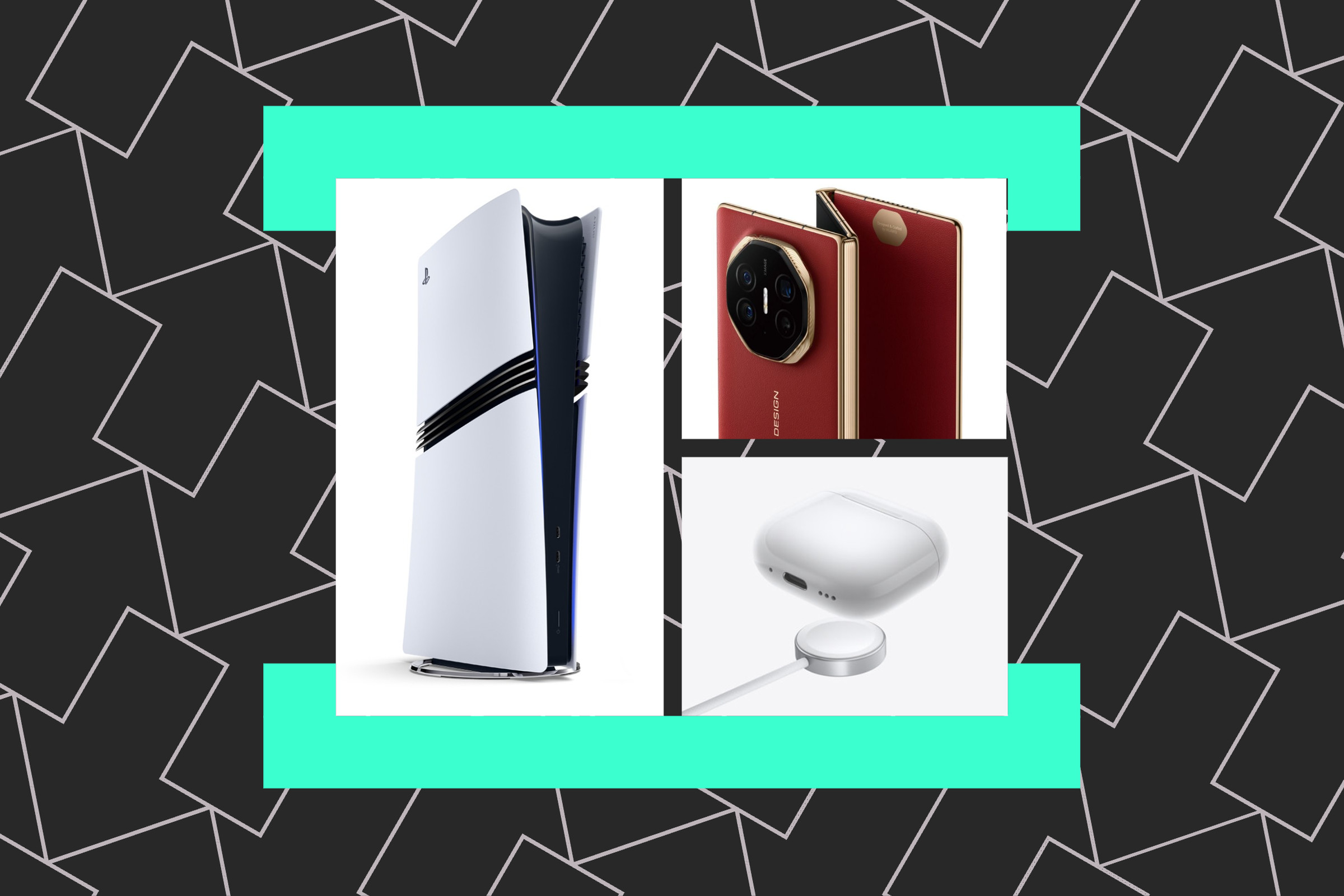 Photos of the PS5 Pro, the Huawei Mate XT, and the AirPods 4, on an Installer illustration.