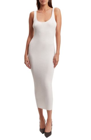 white sleeveless midi dress