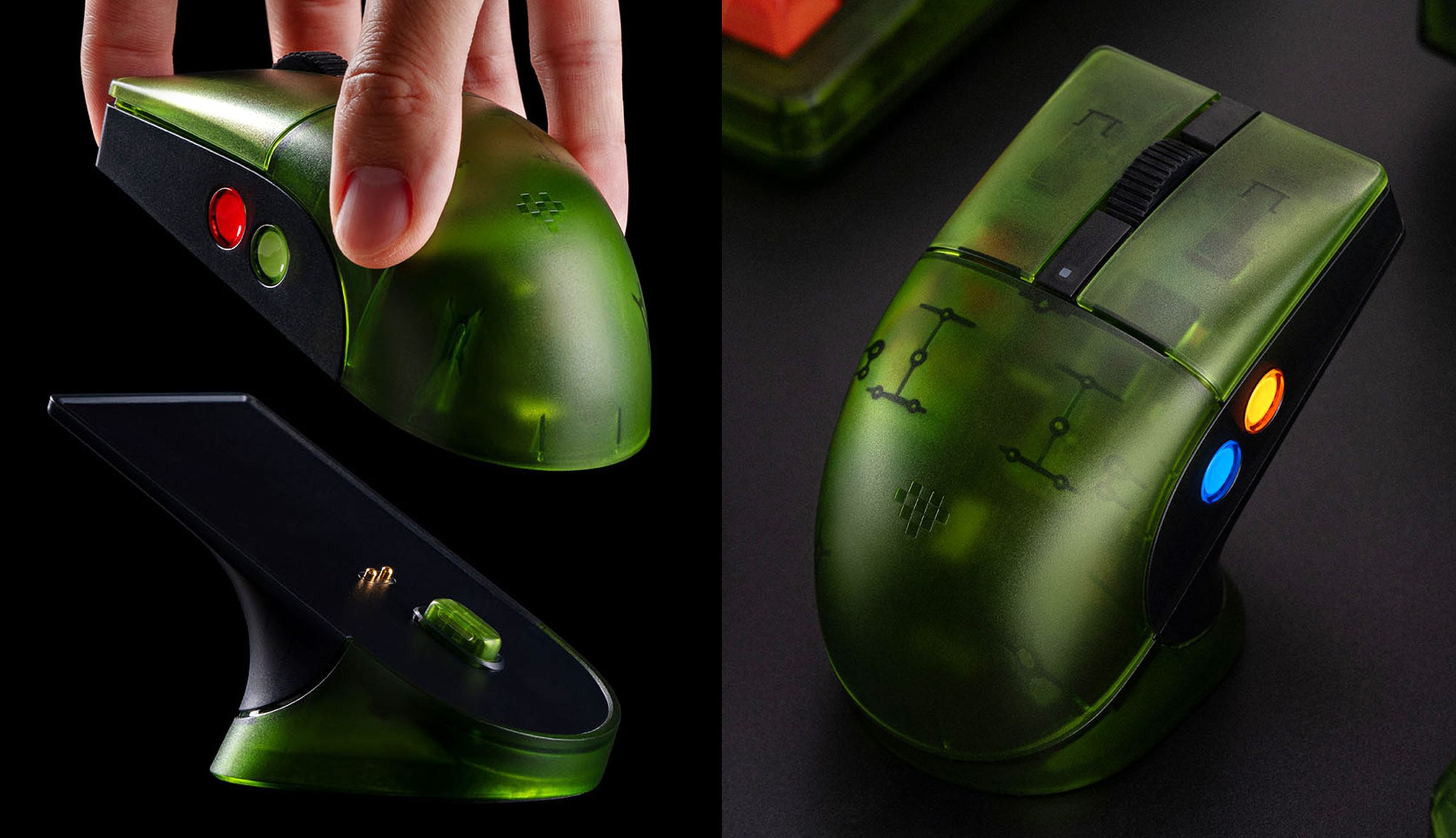 The 8BitDo Retro R8 Mouse - Xbox Edition being placed on its charging base and sitting on the dock on a desk.