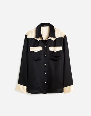 Madewell, Alexa Chung for Madewell Satin Western Shirt in True Black & Alabaster 