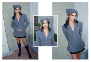 Sara Silva wears a Sandy Liang gray blazer with black miniskirt and a gray headscarf.