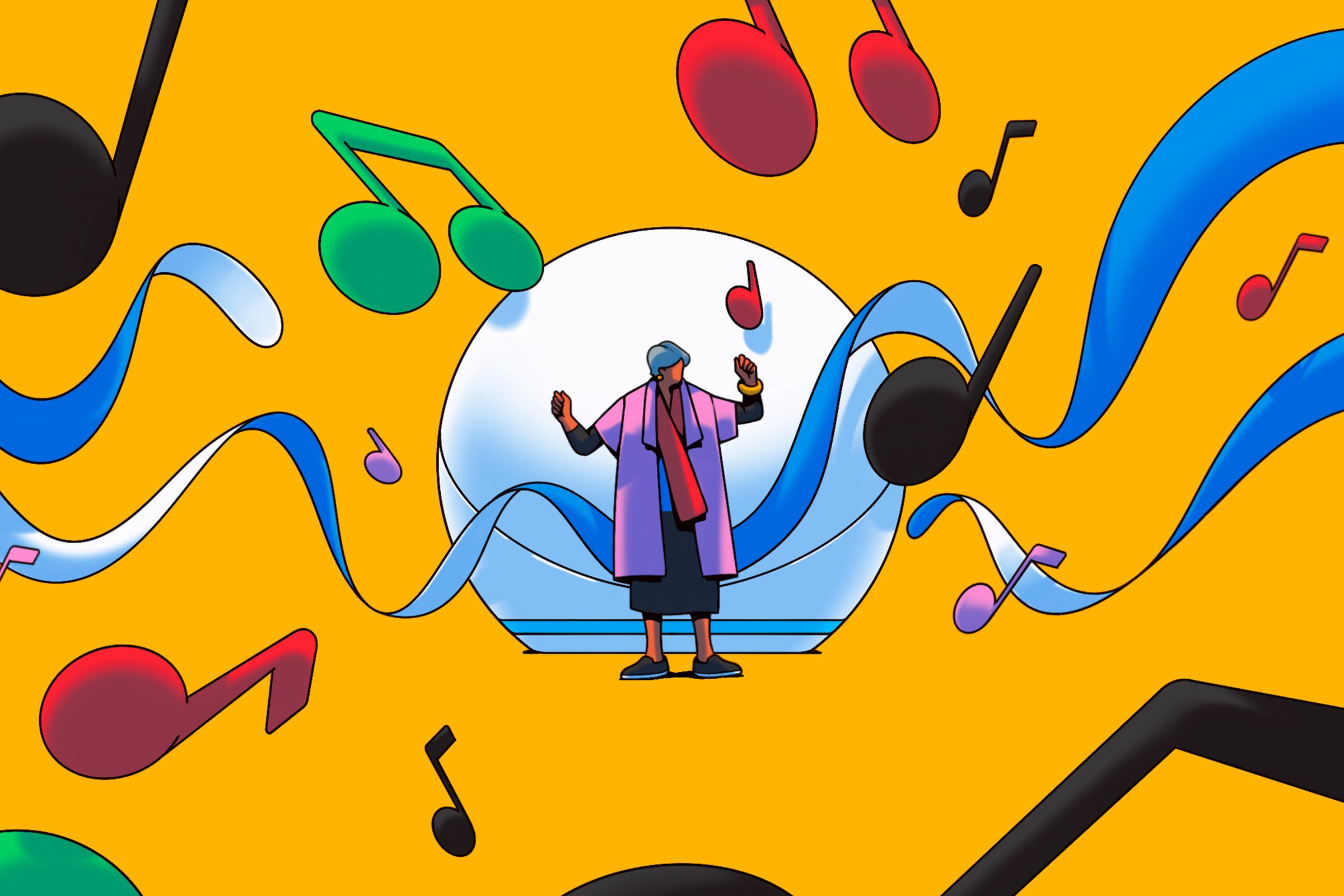 Illustration of an elderly person dancing to music in front of a giant Alexa speaker.