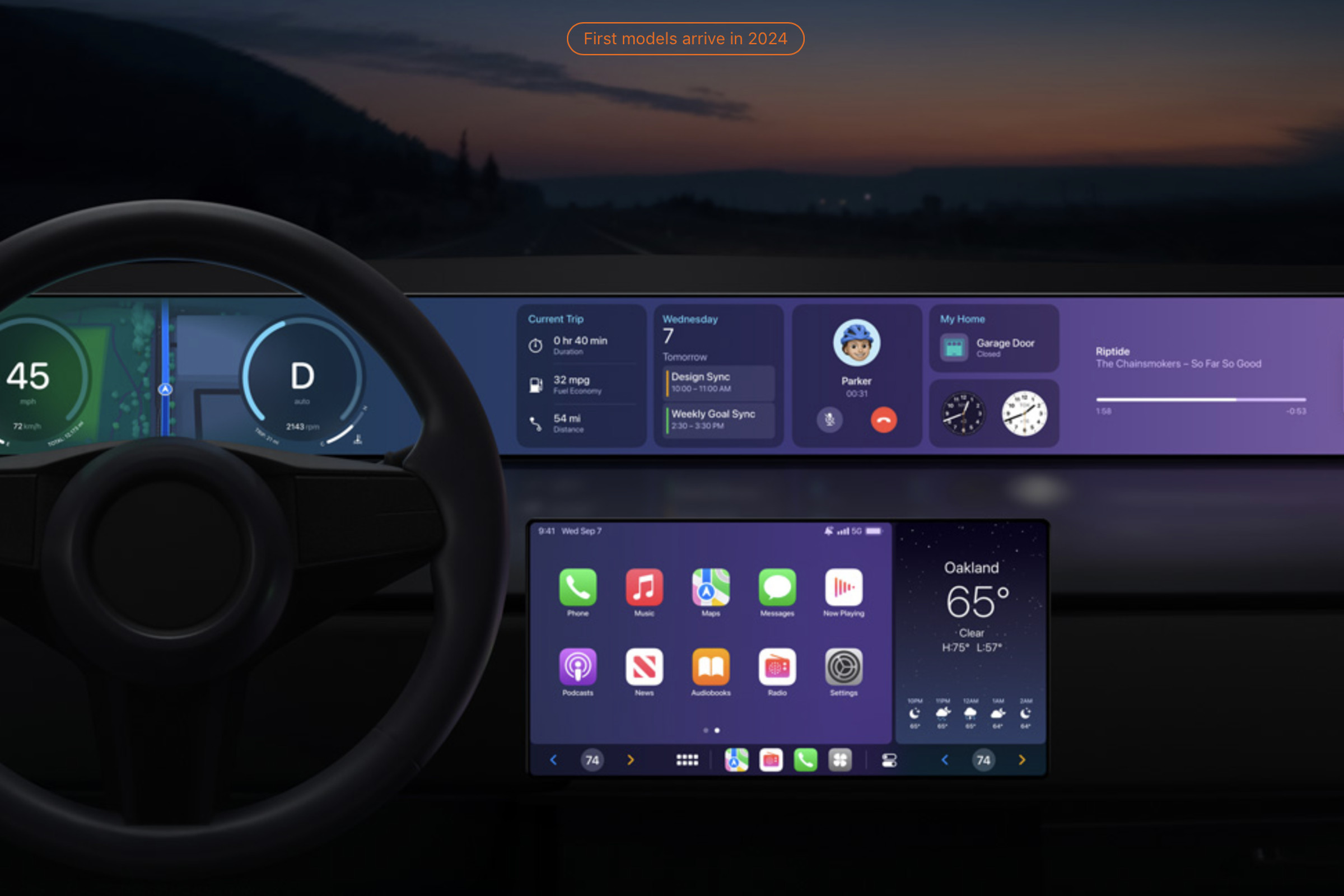 Apple’s CarPlay concept, showing a badge that reads “First models arrive in 2024.”