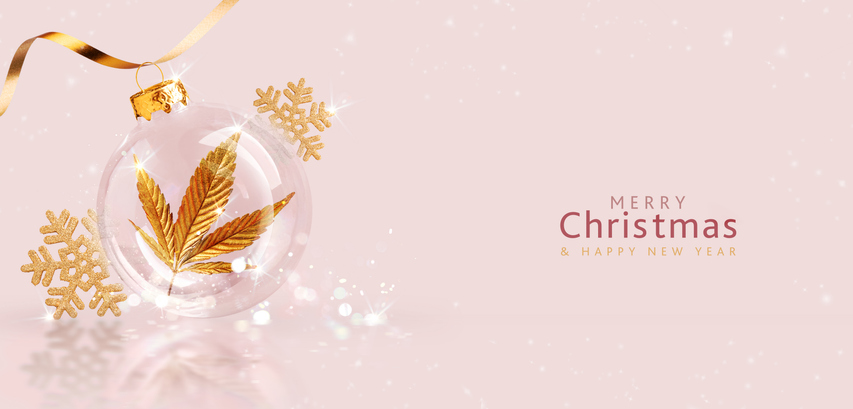 Minimal Christmas background, transparent Christmas ball with cannabis leaf