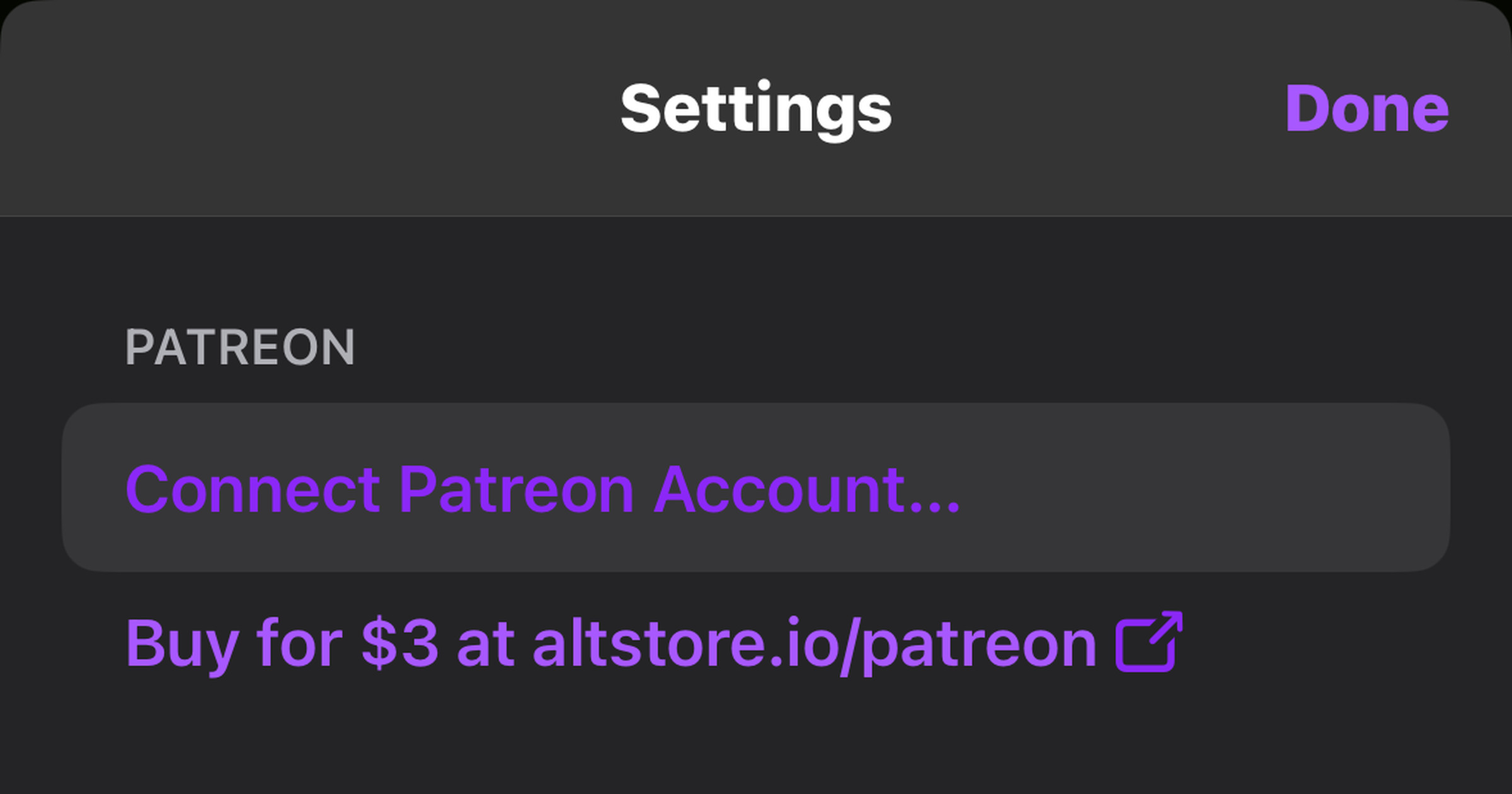 A screenshot of the delta iOS gaming emulator settings showing the Patreon connection options.