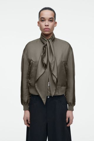 Scarf-Detail Padded Silk Bomber Jacket