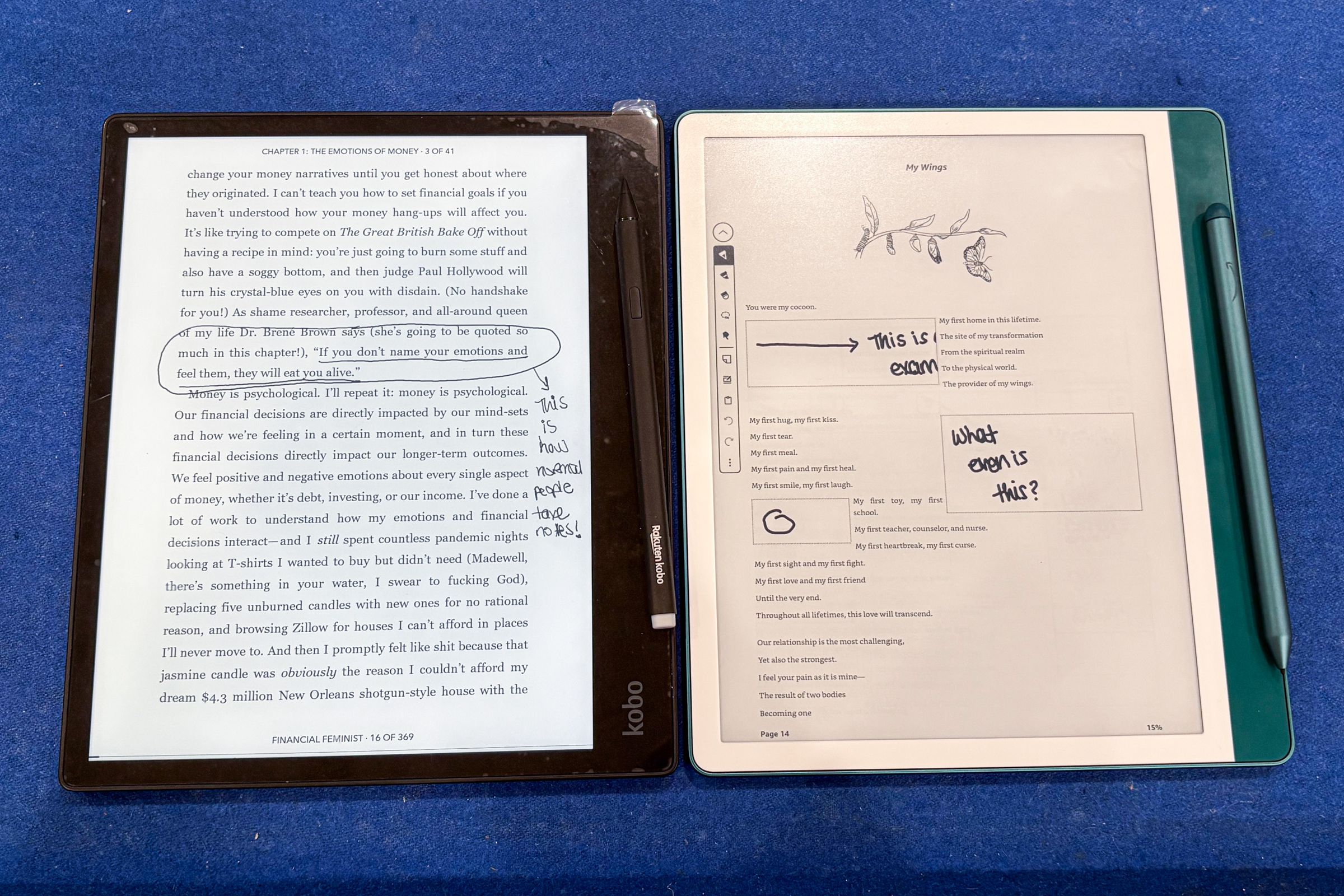 Notes taken on the Kobo Elipsa 2E (left) and Kindle Scribe (right).