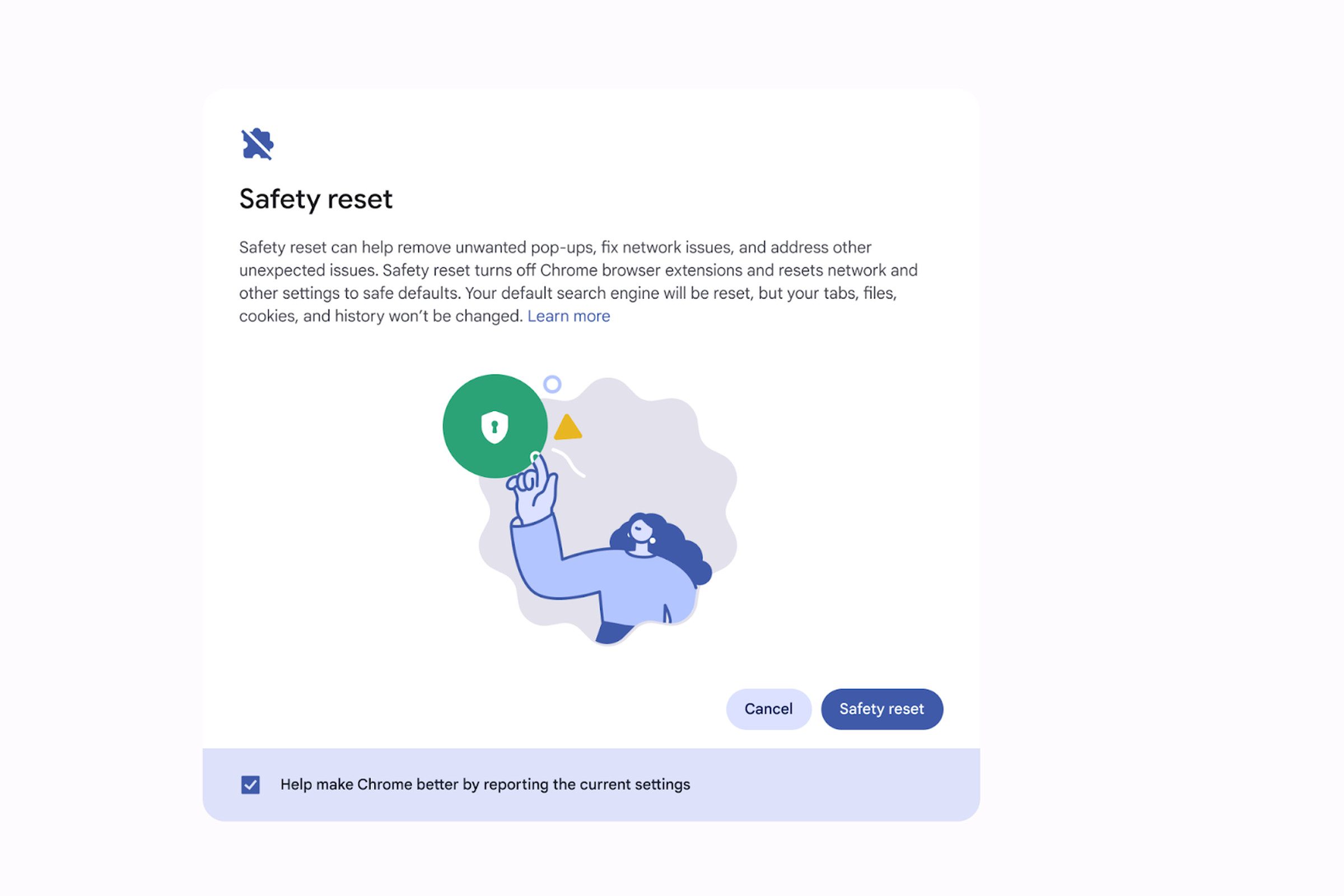 A picture of the “Safety reset” dialog box in Chrome OS
