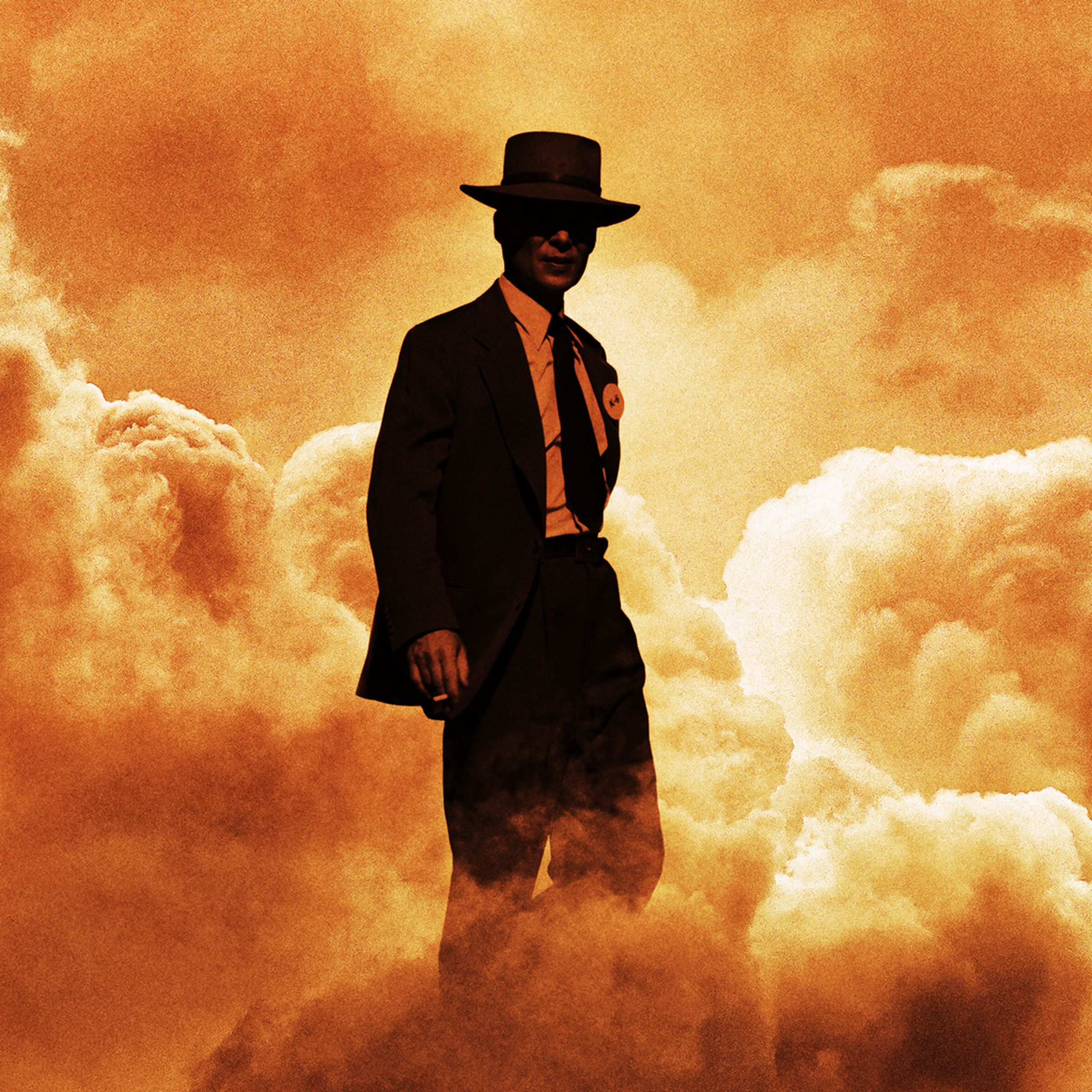 A man wearing a suit and a porkpie hat surrounded in what appears to either be clouds or flames.