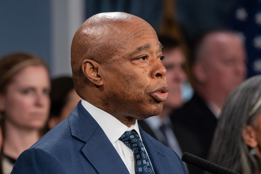 Mayor Eric Adams speaks during the press briefing at the...