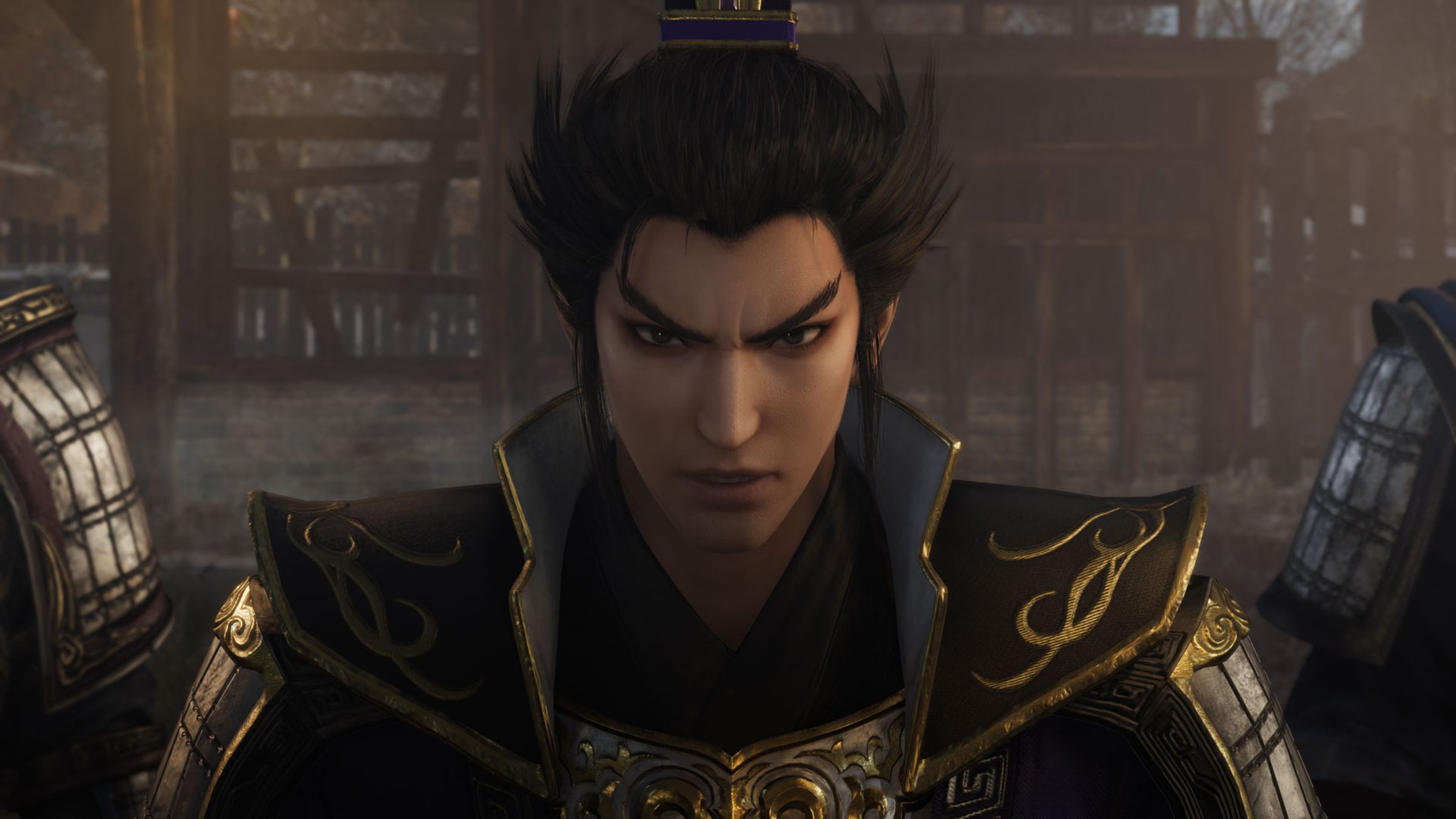 Screenshot from Dynasty Warriors: Origins featuring a close up on a younger version of the character Cao Cao.