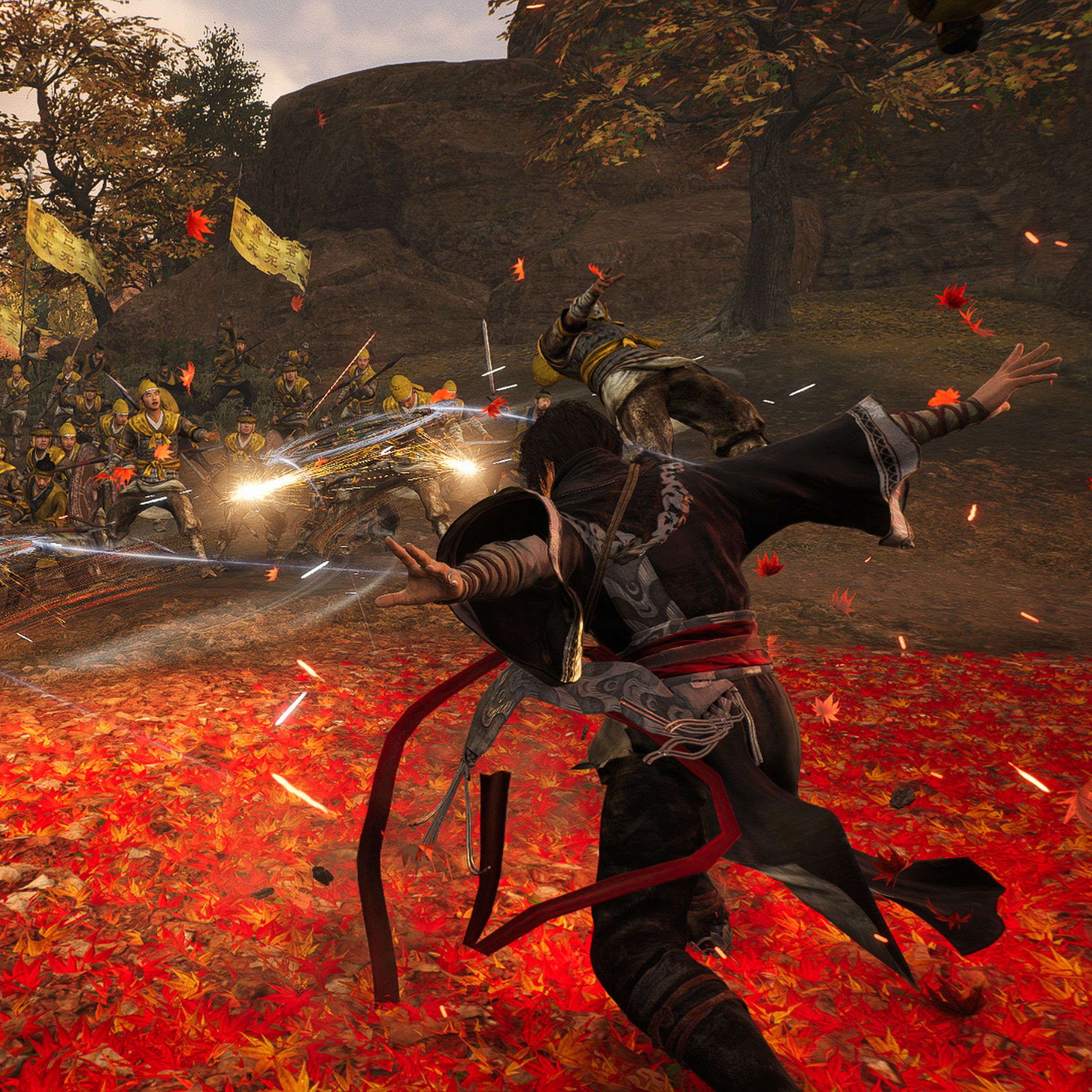 Screenshot from Dynasty Warriors: Origins featuring the main character, a young man in black robes beating back a group of enemies
