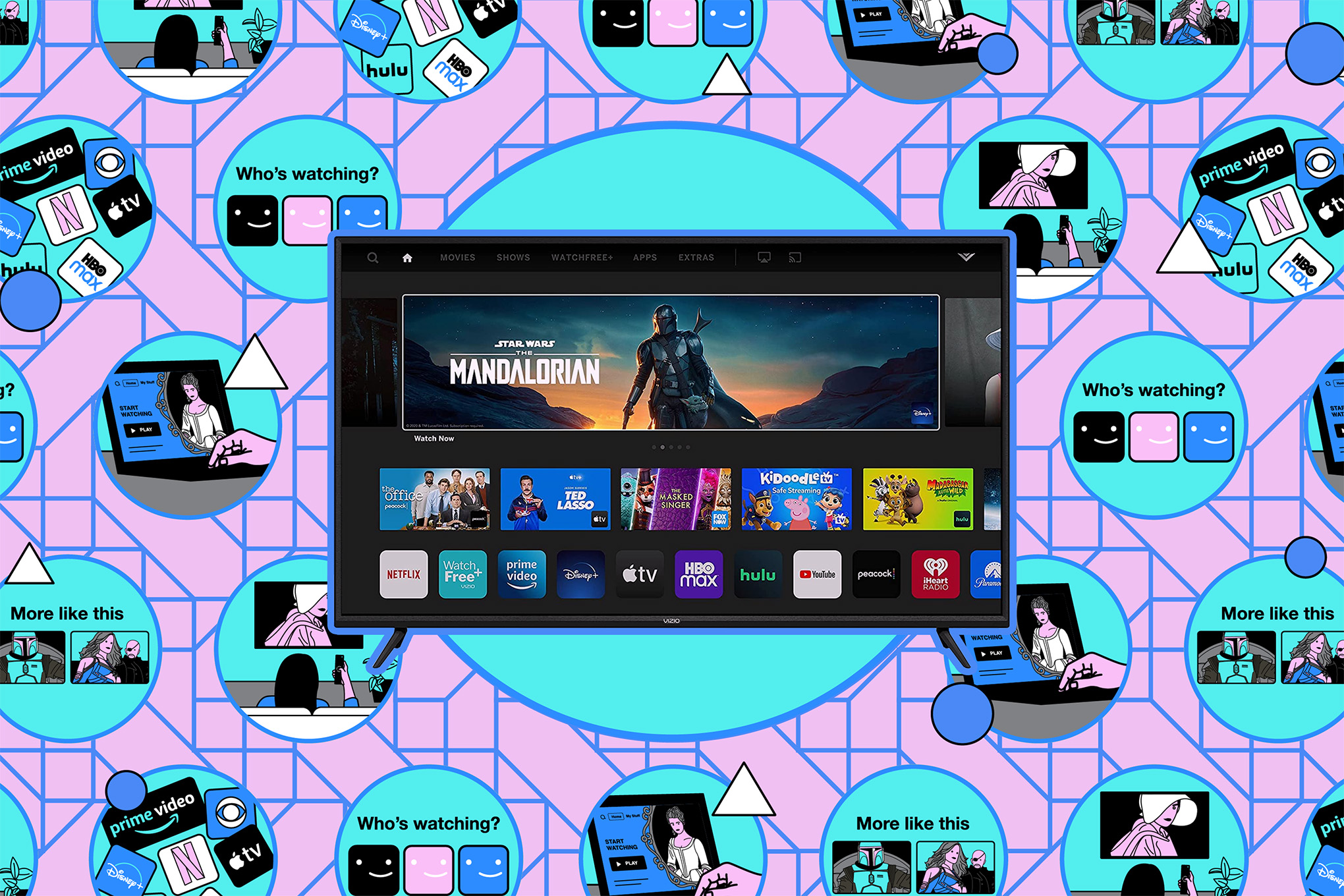 Screen showing streaming networks surrounded by small illustrations.