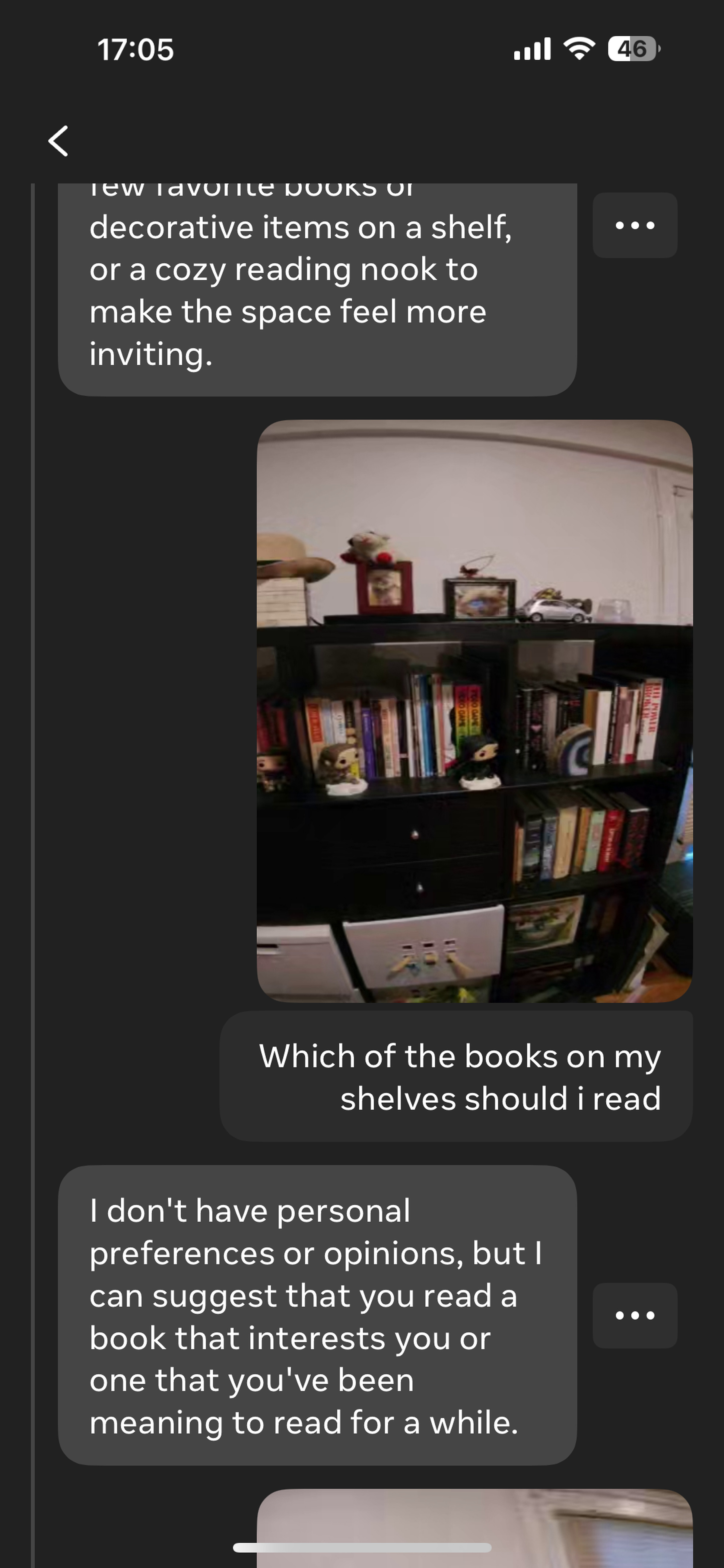 Screenshot of asking Meta AI what book to read on a shelf. The AI says to read something that either interests the writer or they’ve been meaning to read for a while.