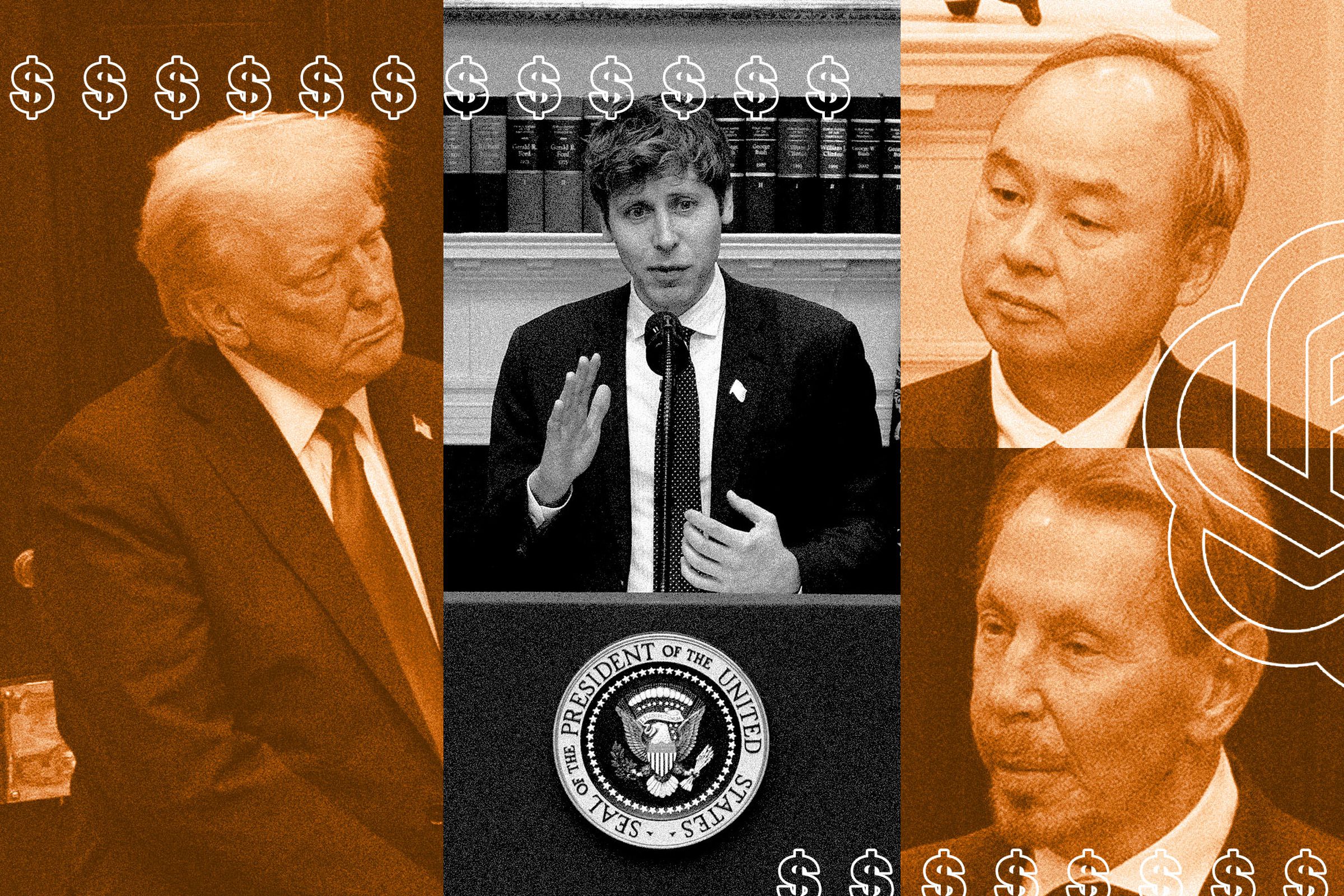 Digital photo collage of OpenAI CEO Sam Altman, accompanied by U.S. President Donald Trump, Oracle CTO Larry Ellison (R), and SoftBank CEO Masayoshi Son (2nd-R).