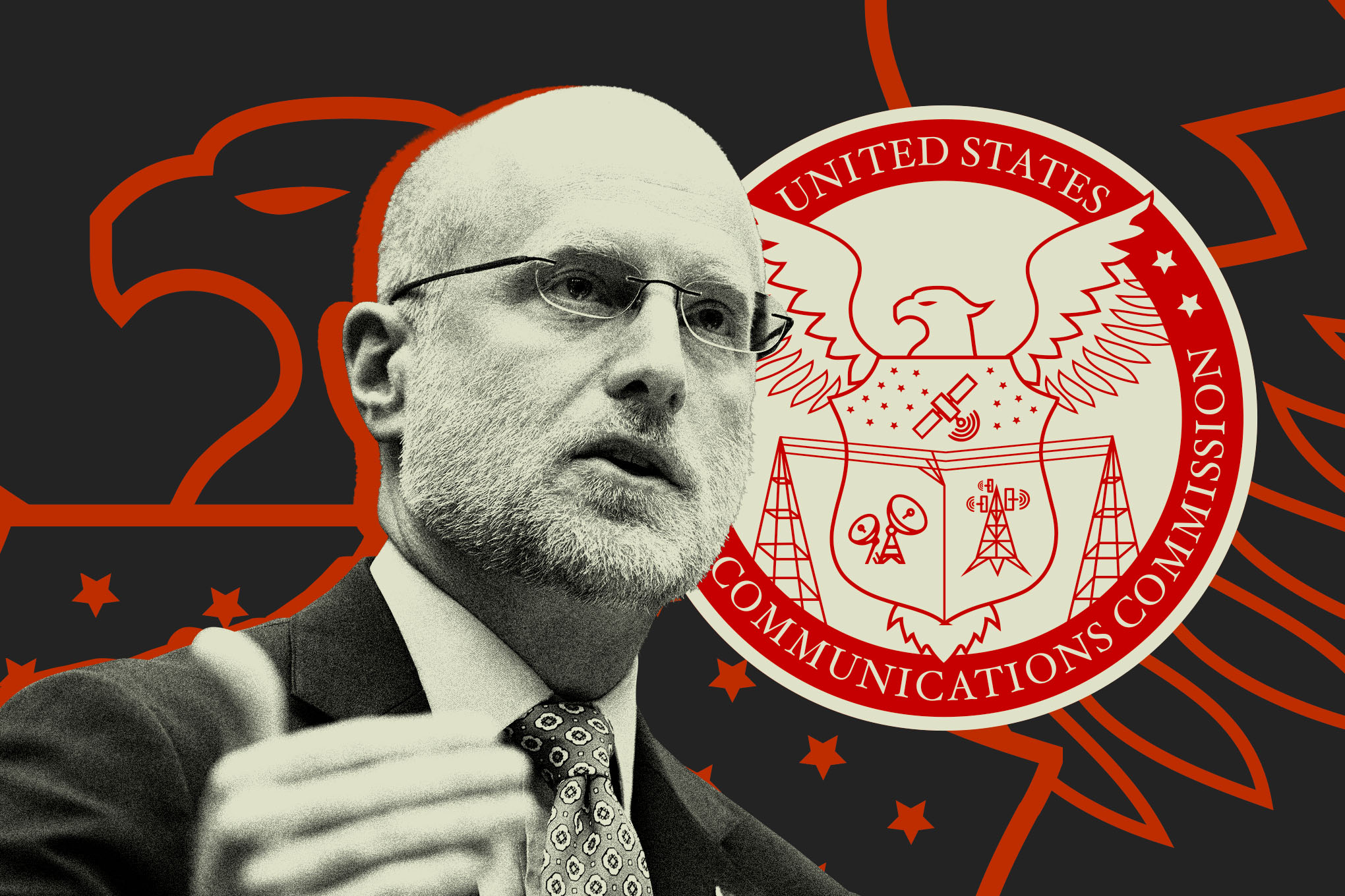 Digital photo illustration of FCC chair Brendan Carr.