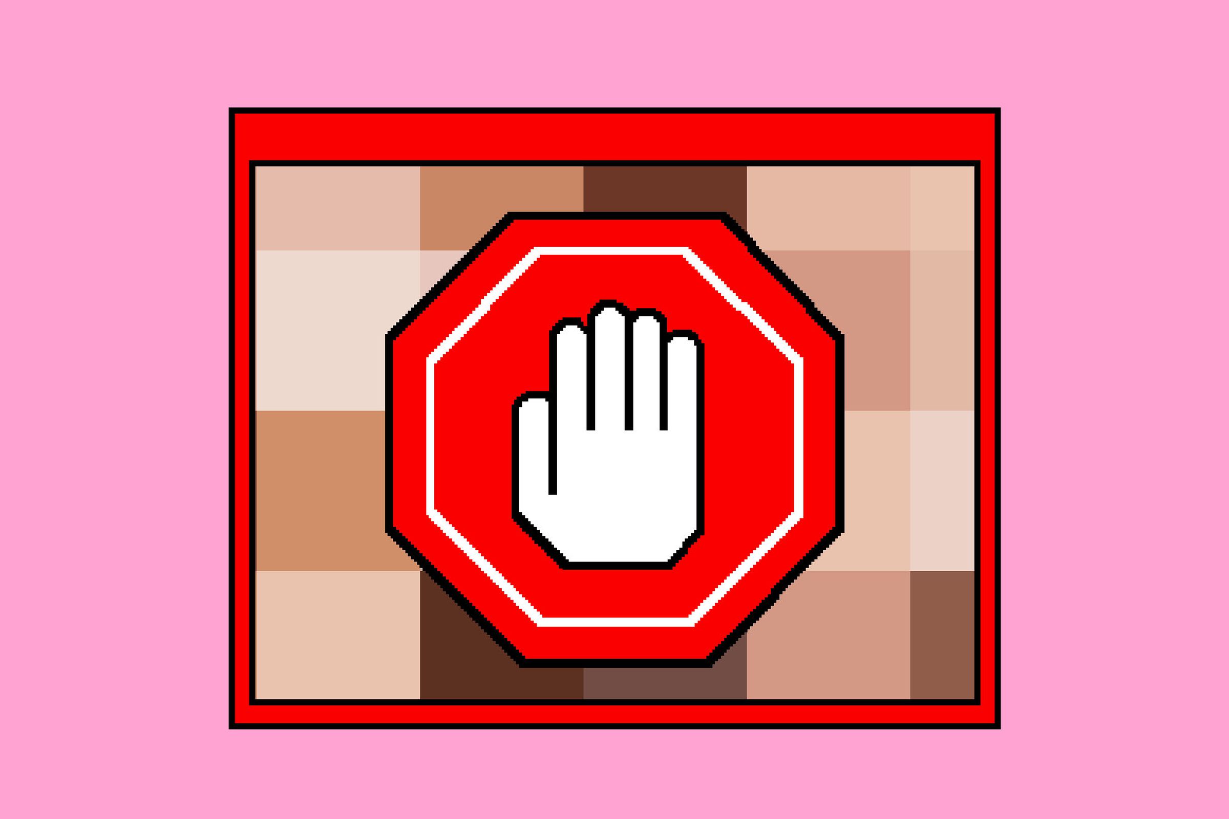 Illustration of a stop sign over a window of flesh colored pixels.