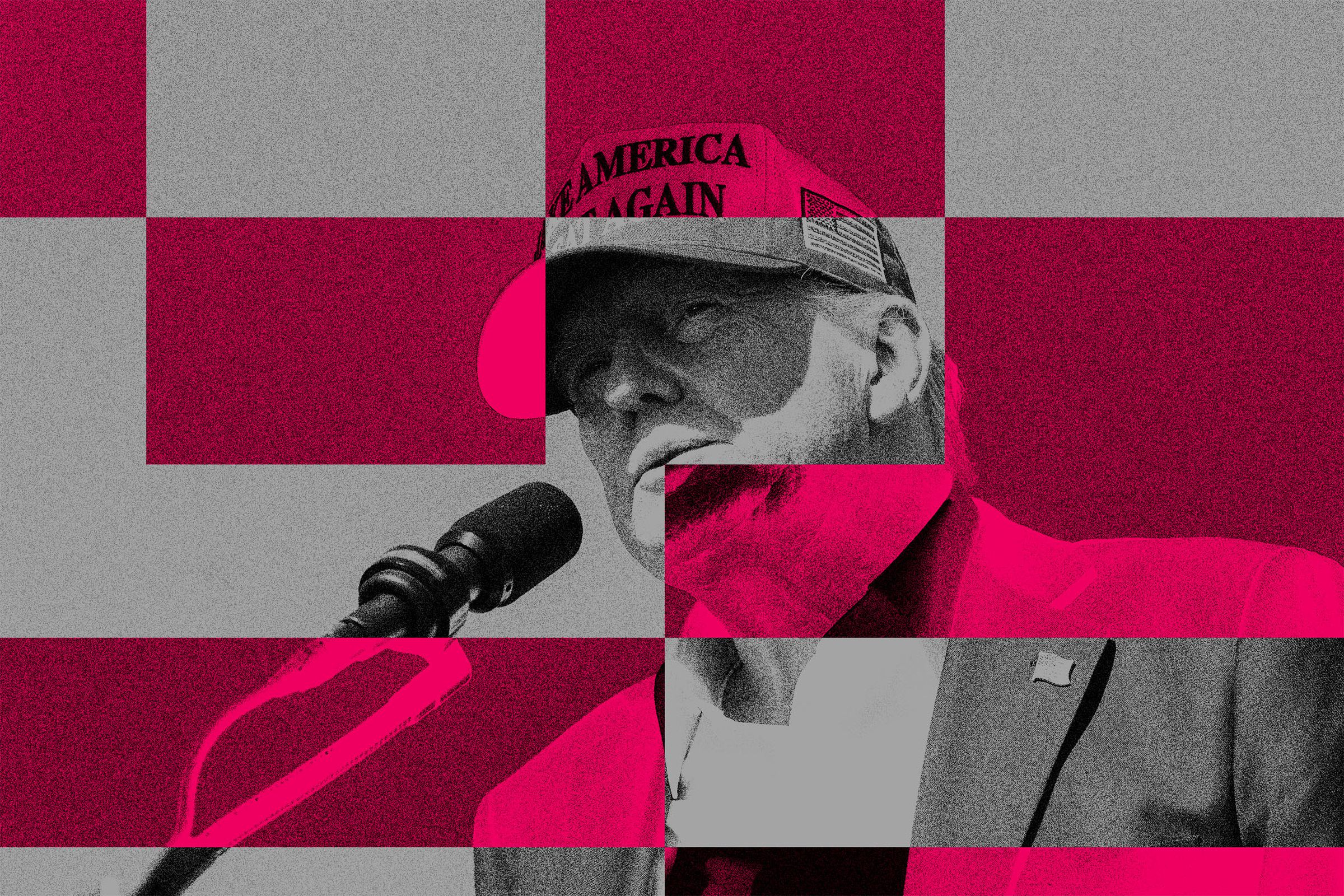 Photo collage of an image of Donald Trump behind a graphic, glitchy design.