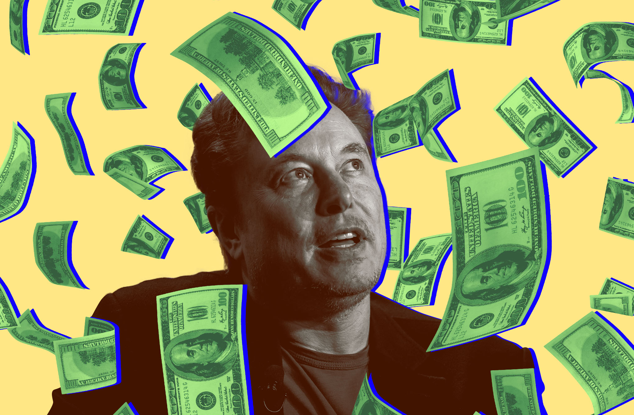 Photo illustration of Elon Musk surrounded by raining dollar bills.