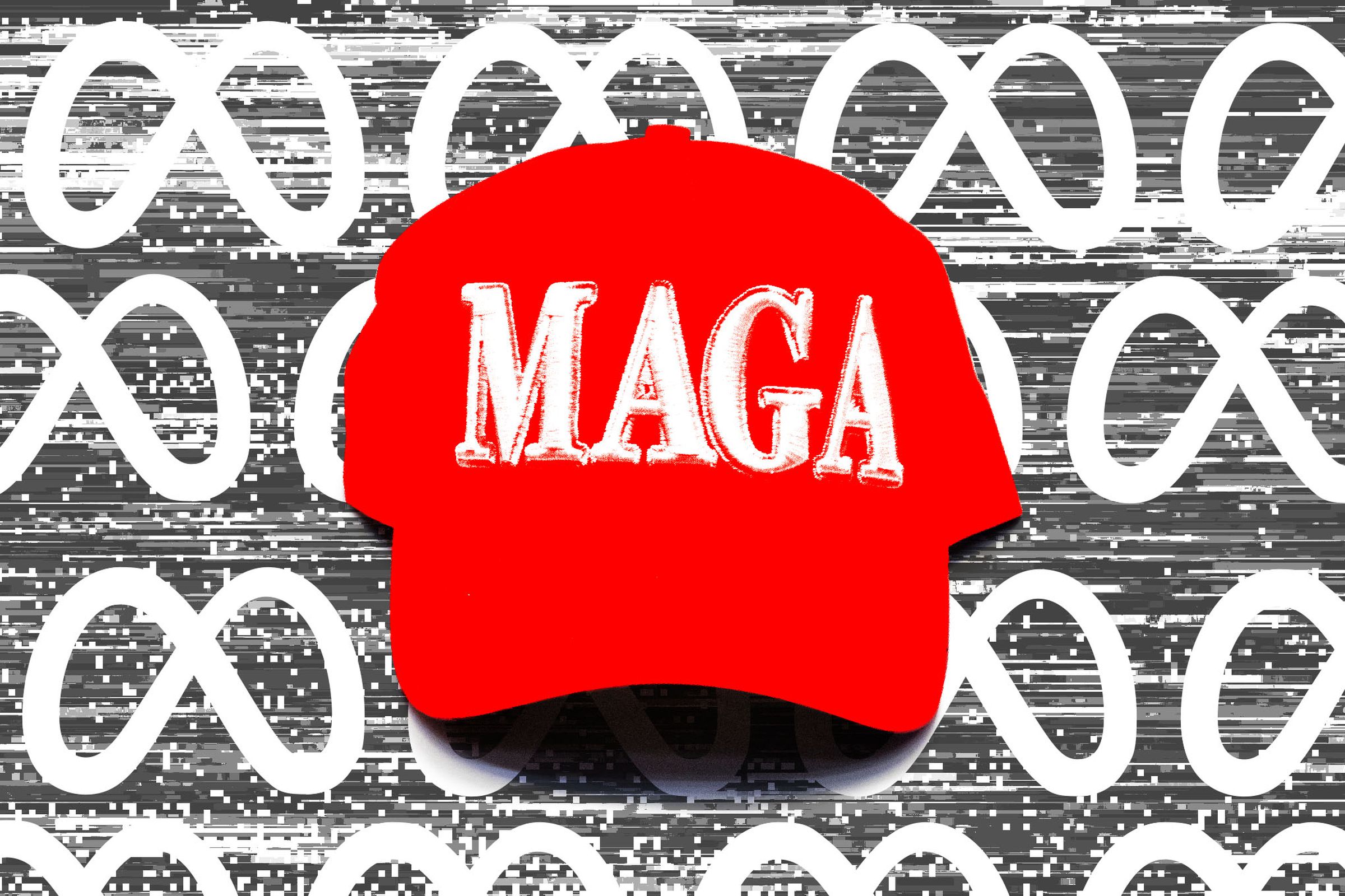 Digital photo collage of MAGA hat and Meta logo.