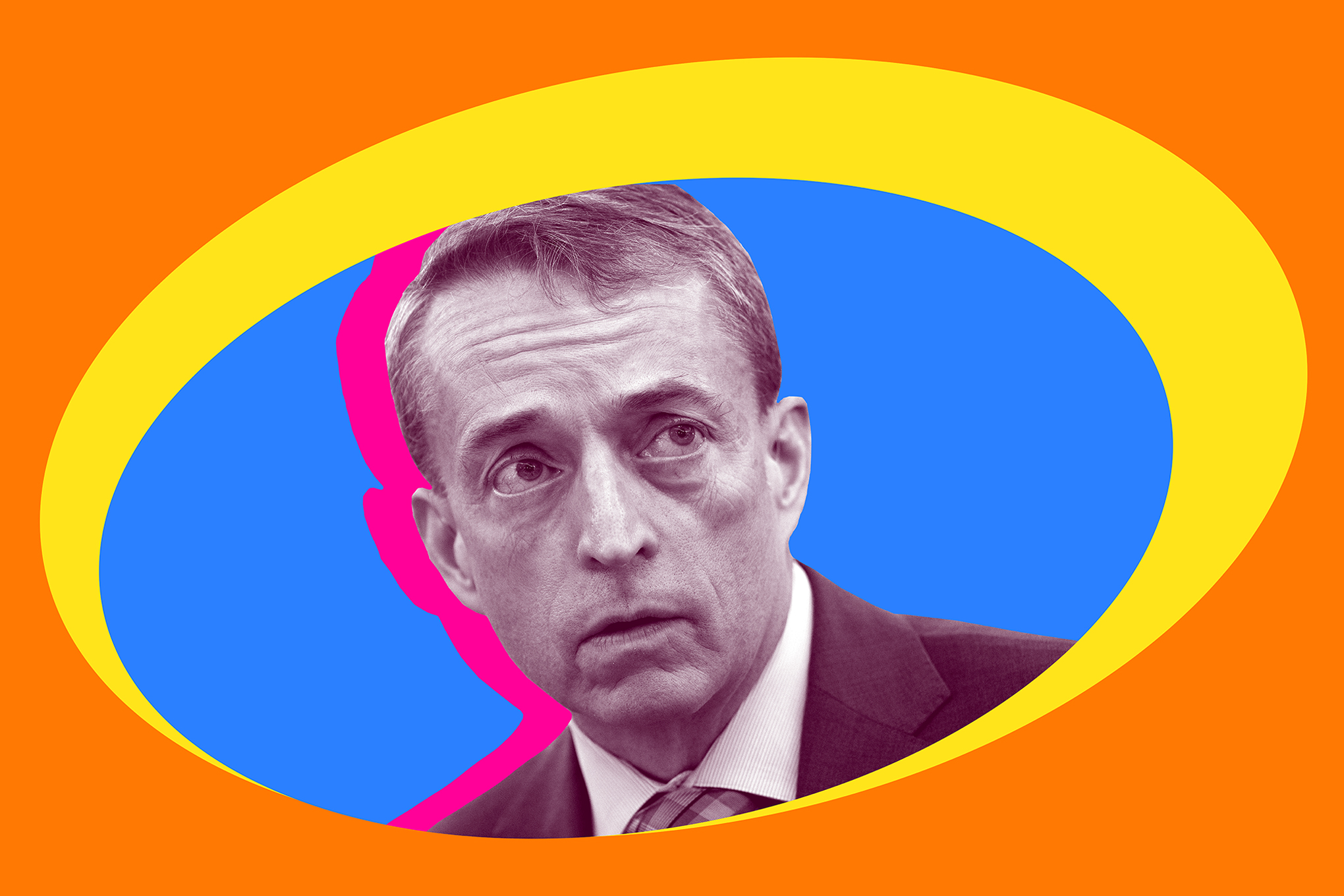 An image showing Pat Gelsinger on an orange, blue, and yellow background