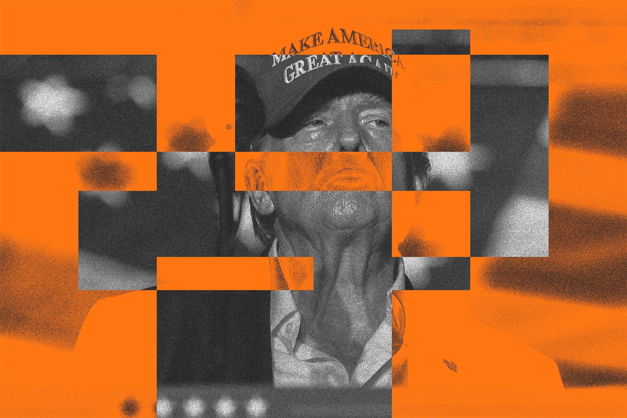 Photo collage of an image of Donald Trump behind a graphic, glitchy design.