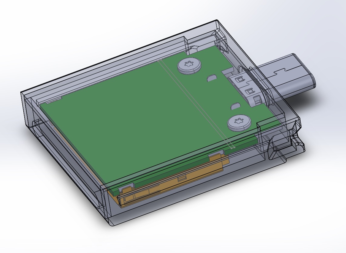 A transparent sandwich mockup of what an SD card module might look like, with a USB-C port on one end and an SD card reader board inside.