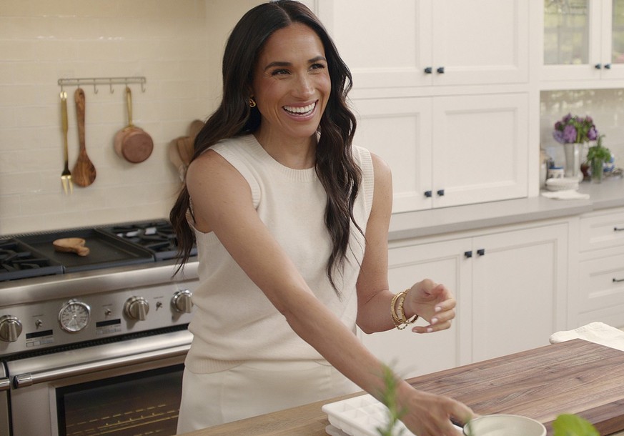 This image released by Netflix shows Meghan, Duchess of Sussex, in a scene from her series &quot;With Love, Meghan.&quot; (Netflix via AP)