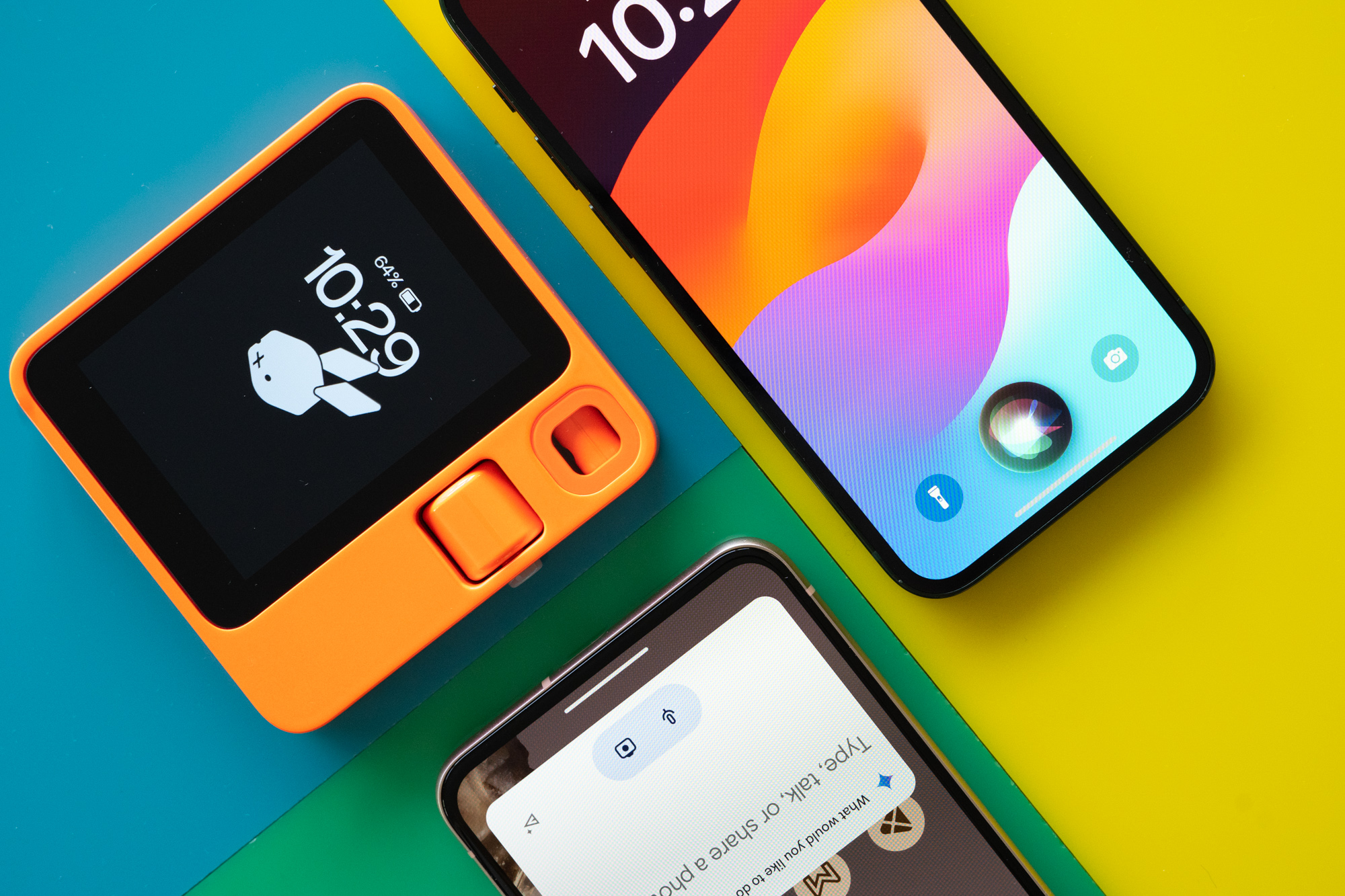 iPhone, Pixel, and Rabbit R1 on colorful backgrounds.