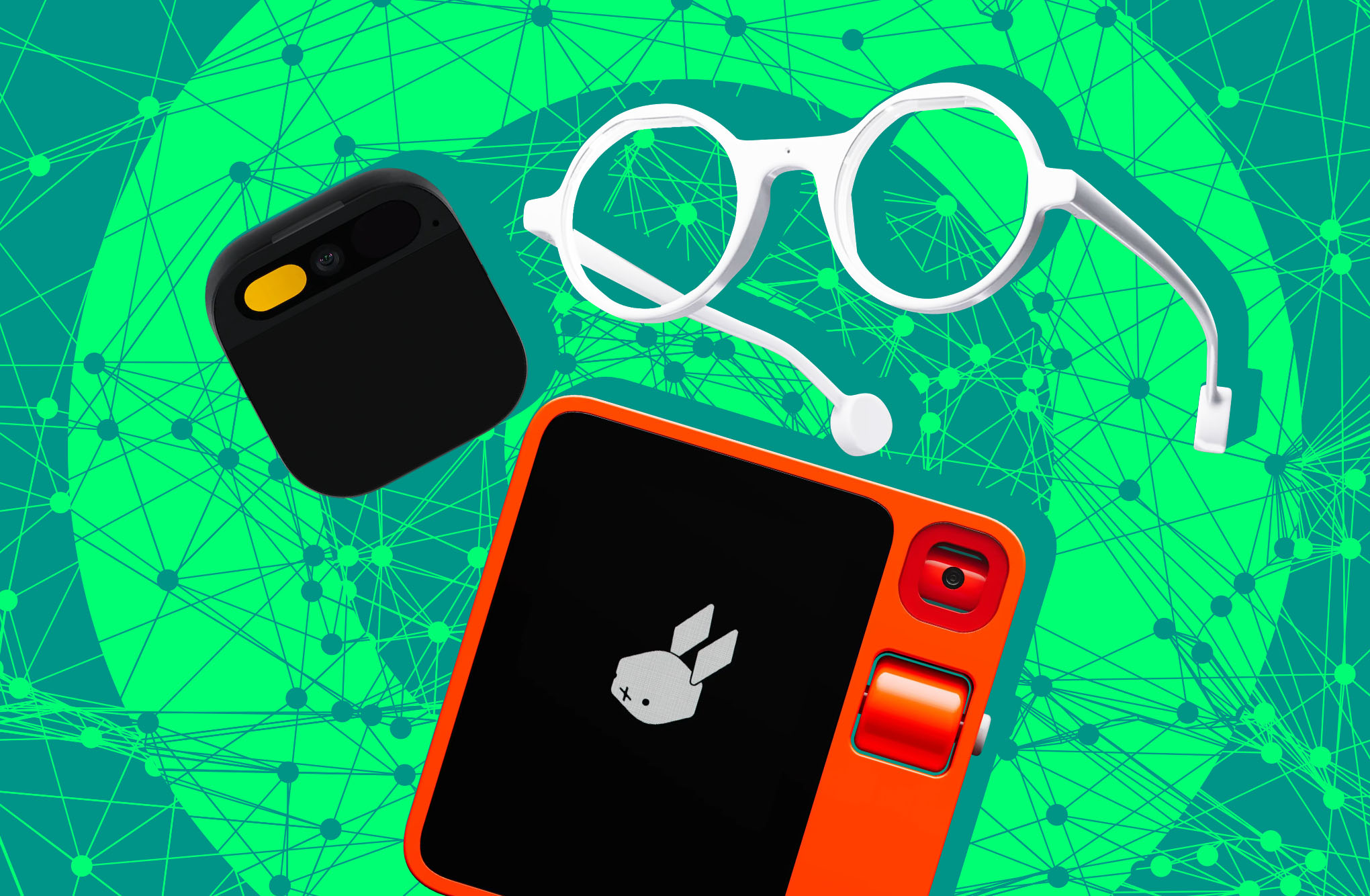 Collage of various AI hardware products on a graphic background of data points.