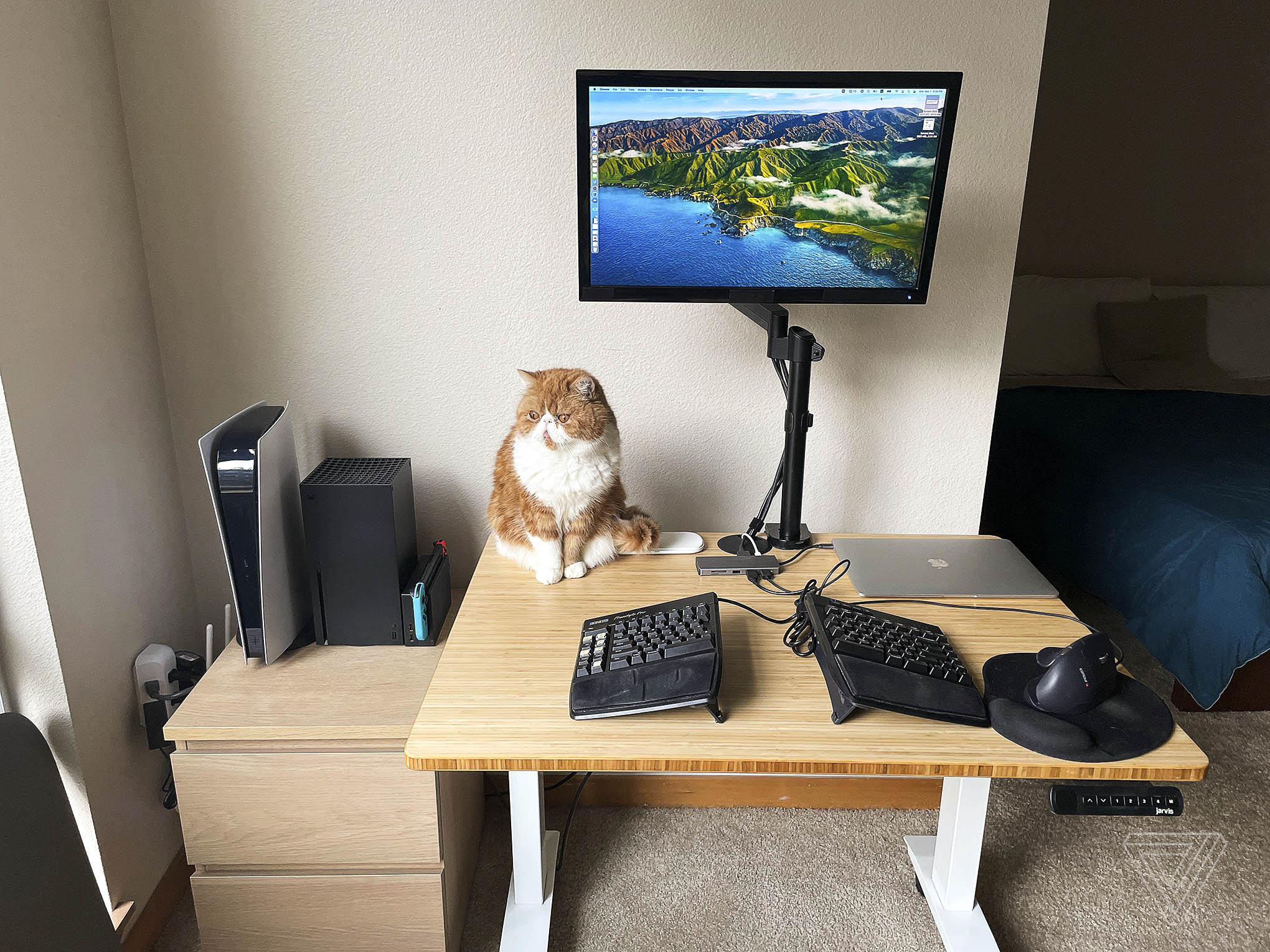 Cat sitting on desk next to monitor, keyboard, and other devices.