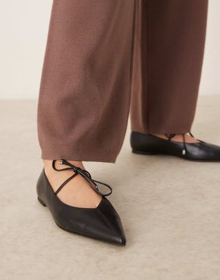 Asos Design Lithe Point-Toe Ballet With Vamp Tie in Black