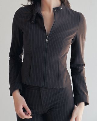 The Harlow Jacket in Brown Pinstripe
