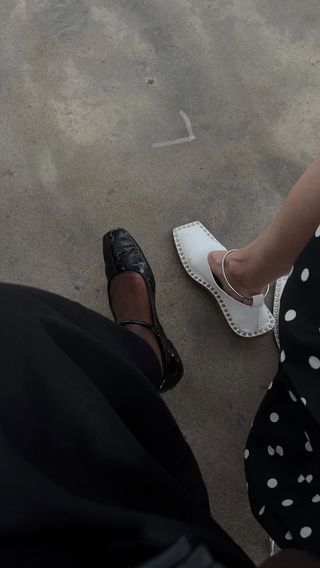 An image of influencer @sylviemus_wearing Mary Janes, an alternative to ballet flats.