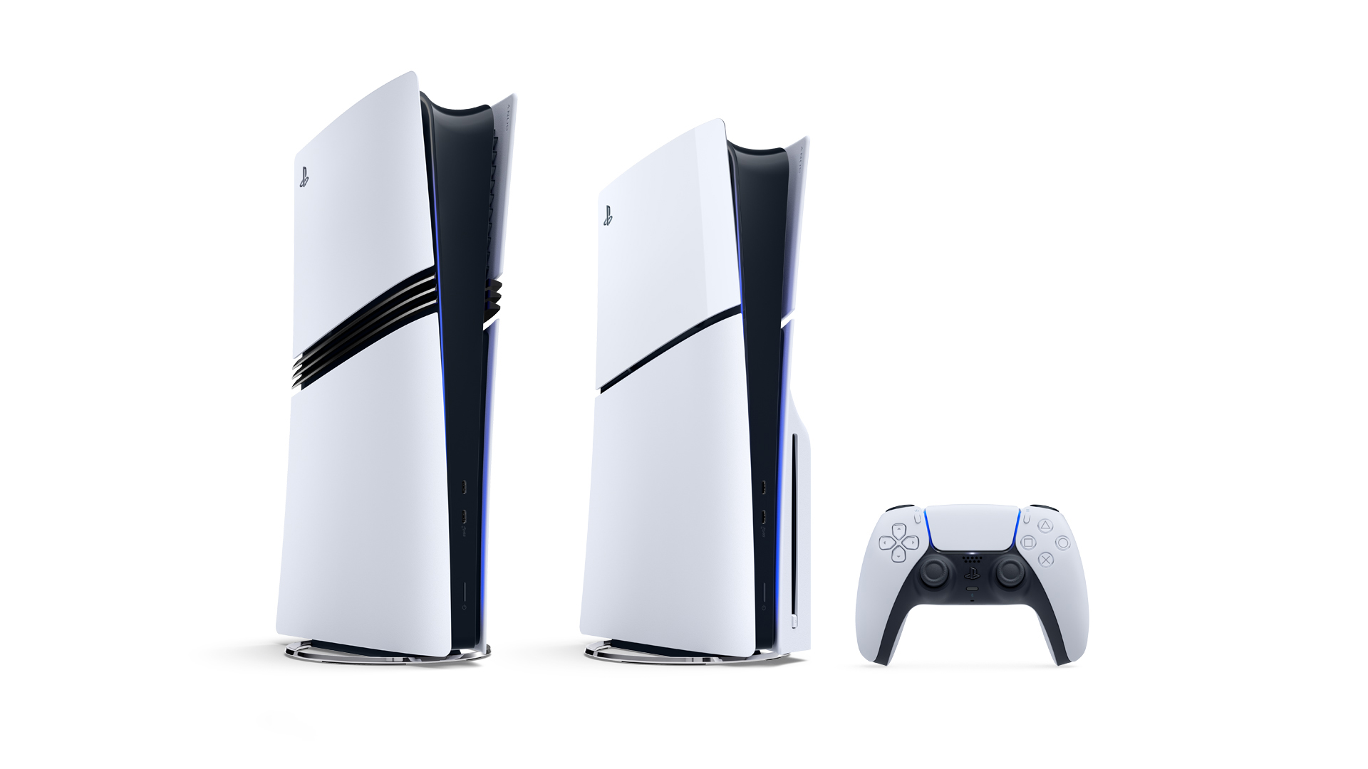 The PlayStation 5 Pro next to the slim PS5.