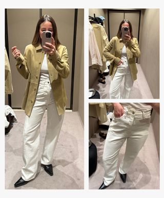 Woman takes photo in changing room mirror in white jeans and suede shirt from Toteme