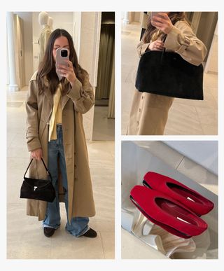 Picture collage of woman posing in mirror with toteme handbags, and still life of red ballet flats