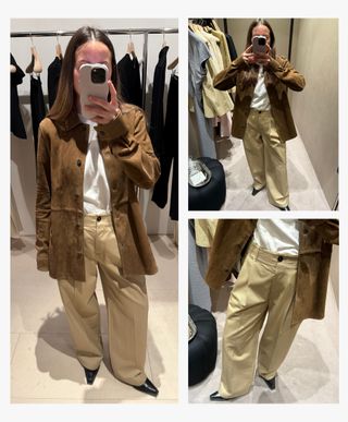 Woman takes photo in changing room mirror wearing suede shirt, white t-shirt and chino wide-leg trousers from Toteme.