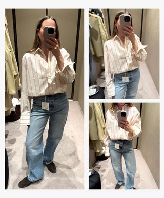 Woman takes photo in changing room mirror wearing white and pink striped shirt with blue full length jeans from Toteme.