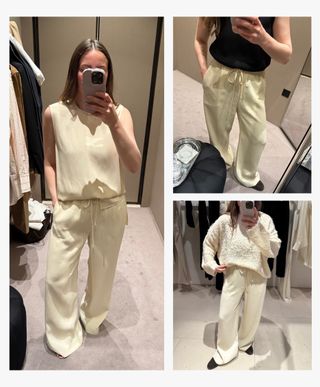 Woman takes photo in changing room mirror wearing toteme spring pieces