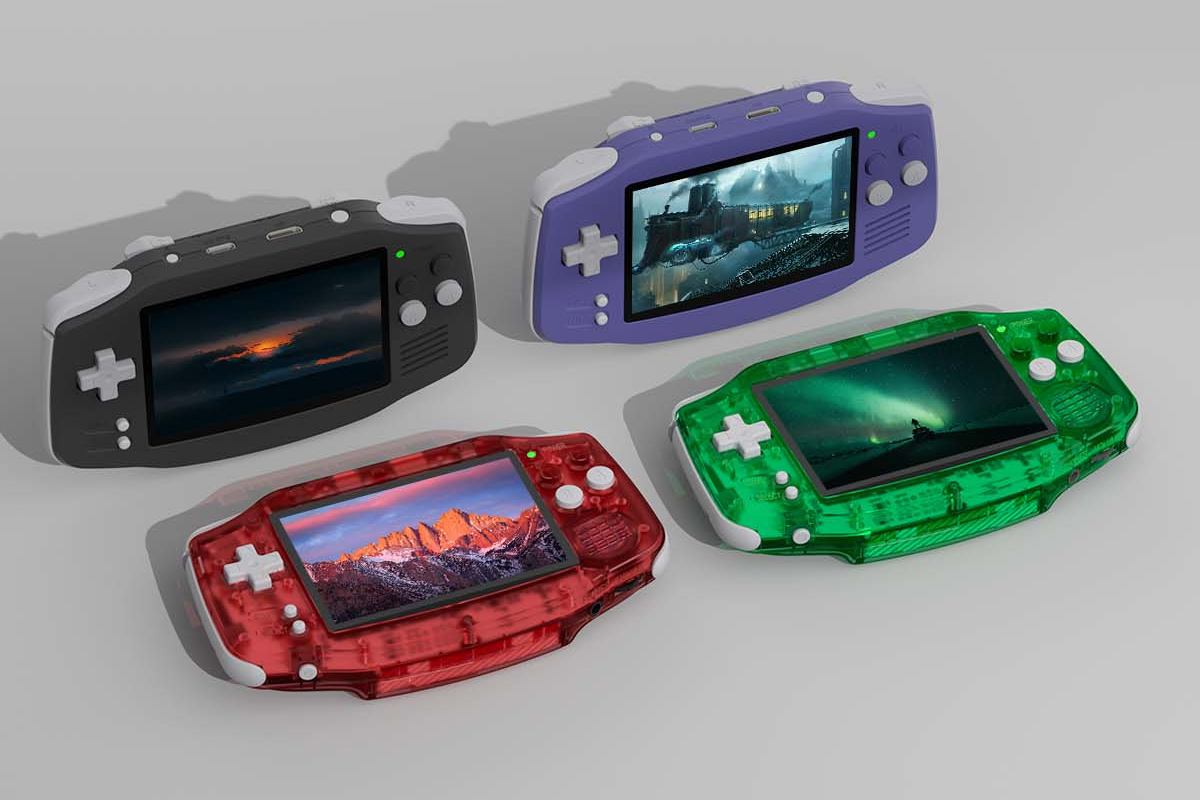 The four color options of the Anbernic RG34XX Game Boy Advance clone handheld.
