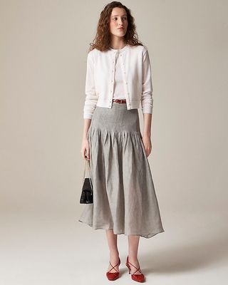 Pleated Drop-Waist Midi Skirt in Ramie