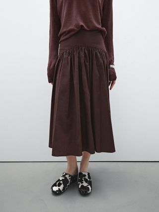 Massimo Dutti, 100% Cotton Midi Skirt With Yoke Detail